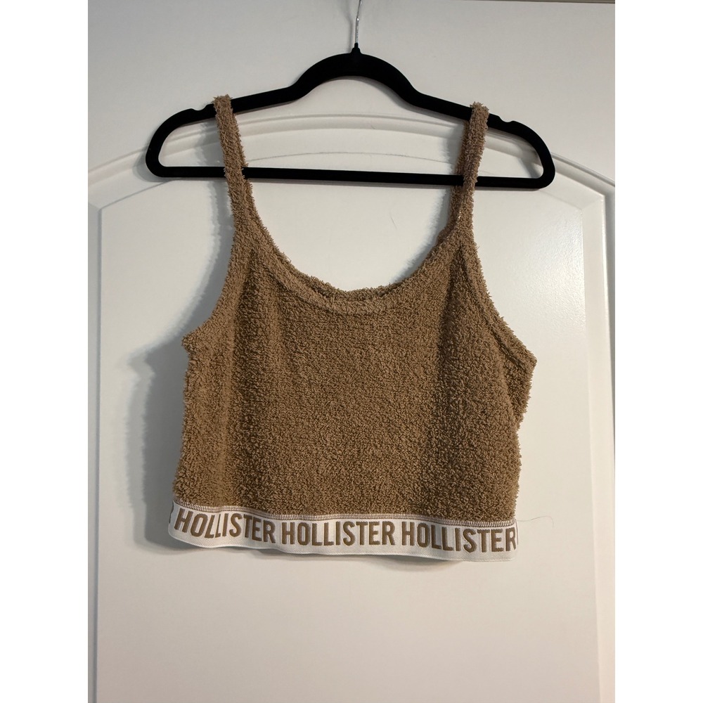Hollister Sleep Tank Top Large Brown Sherpa Crop Logo Band Loungewear Cozycore